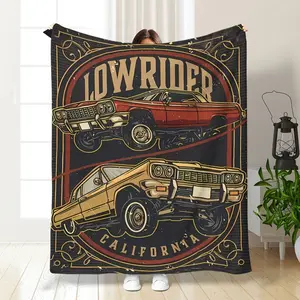 1pc Vintage Car Flannel flannel Throw Blanket | Mid-Century Lowrider California Design, Digital Print, All-Season,  Ideal for Bed, Office, Picnic, Home Decor