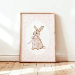 Pink Bunny Print Coquette Aesthetic Print Pink Nursery Girly Wall Art Rabbit Pink Poster Nursery Print, Room Decor, Unframed