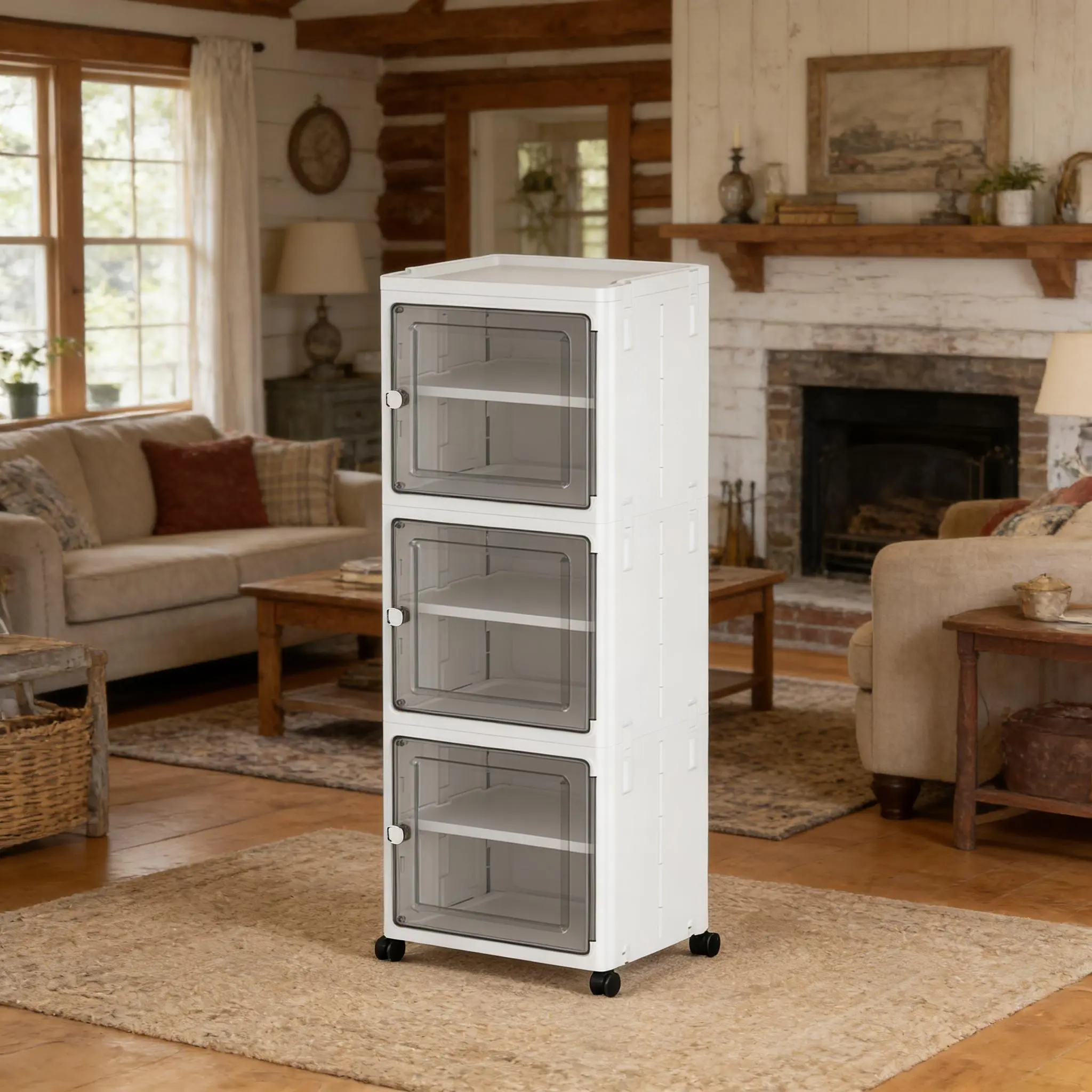 White Expanded 3-Tier Tall Bathroom Storage Cabinet with Wheels - Foldable Plastic Cupboard, Cubbies Unit, Shelving for Kitchen, Laundry Room, Storage Cupboard, Cubbies Storage Unit