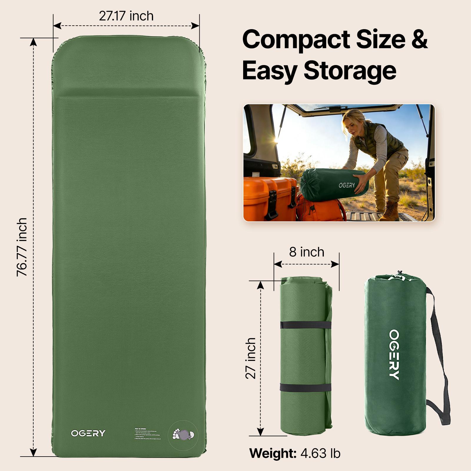 OGERY Self Inflating Sleeping Pad with Electric & Foot Pump, 3.15" Ultra-Thick Memory Foam Camping Pad, 4 Season Camping Mattress Pad with Built-in Pillow, Camping Essentials Gear for Tent Travel Car