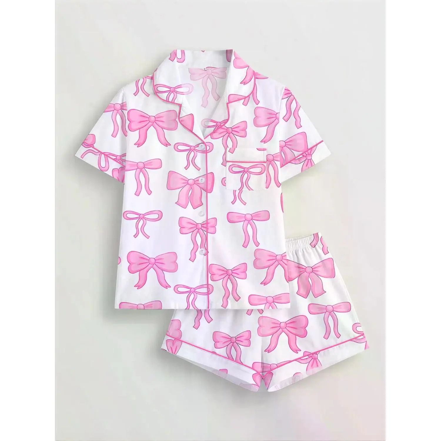 Women's Bowknot Print Sleepwear Set - Short Sleeve Button-Up Top & Elastic Shorts, Comfortable All-Season Pajamas Lounge Set