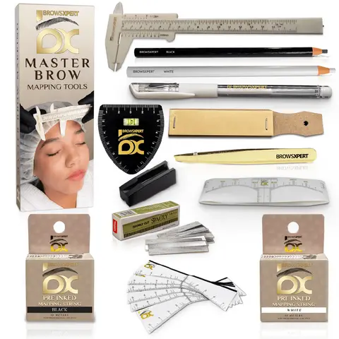 BROWSXPERT Master Brow Mapping Kit – 1 Caliper, 2 Pre-Inked Threads (Black and White), 2 Pencils (Black & White), 1 Marker, 2 Sharpeners, 10 Stencils, 10 Sticky Rulers and 1 Tweezers for Professionals