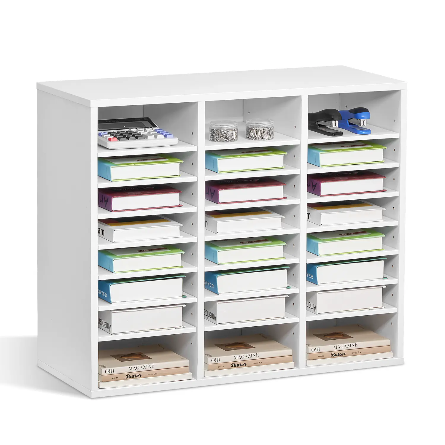 【DealsForYouDays】VEVOR MDF Construction 24-Compartment Literature Organizer Desk File Holder, Wooden Office Supplies Organizer with Adjustable Shelves, White for Office Home