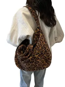 Large-Capacity Fashionable Leopard-Print Corduroy Tote Bag, Women's Casual Handheld Shoulder Bag for All Seasons and Commuting