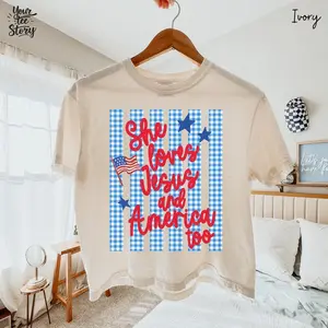 Comfort Colors She Loves Jesus And America Boxy Tee, Patriotic Faith Graphic Shirt