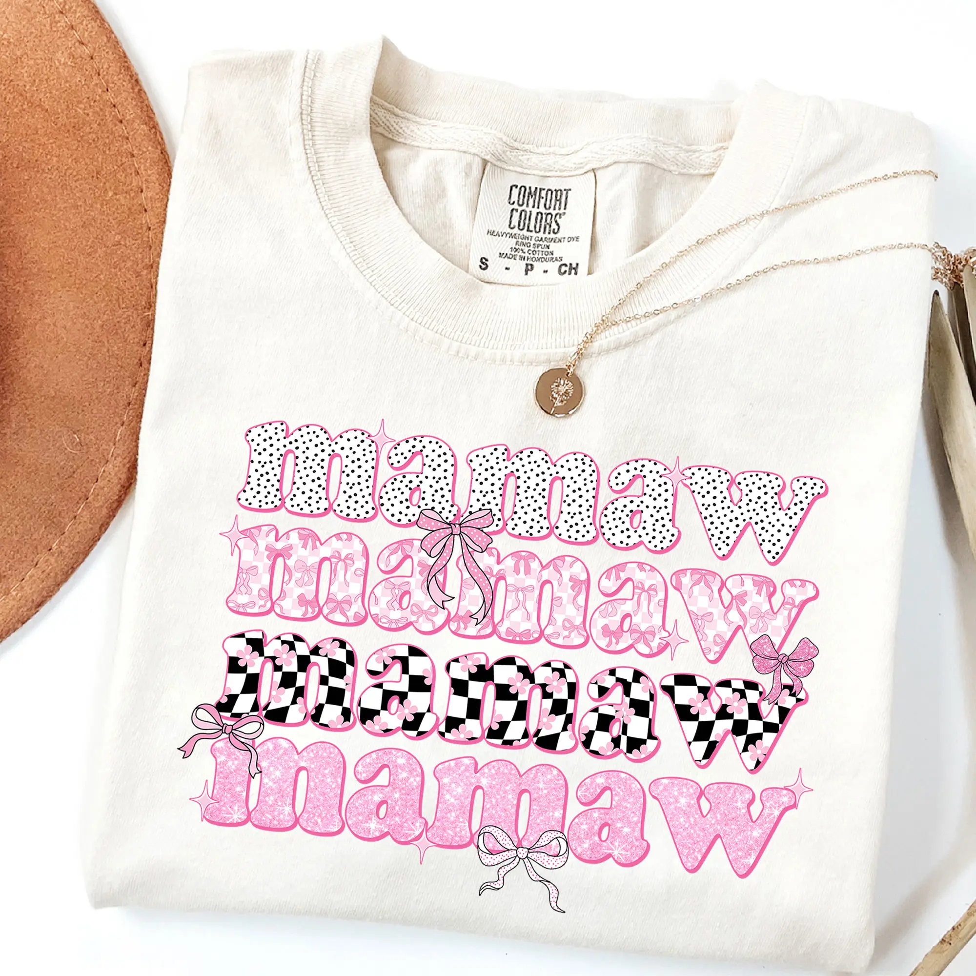 Comfort Colors Pink Mamaw Coquette T-Shirt, Checkered Mamaw Shirt, Floral Mamaw Tee, Mother's Day Gift, Unisex T-Shirt