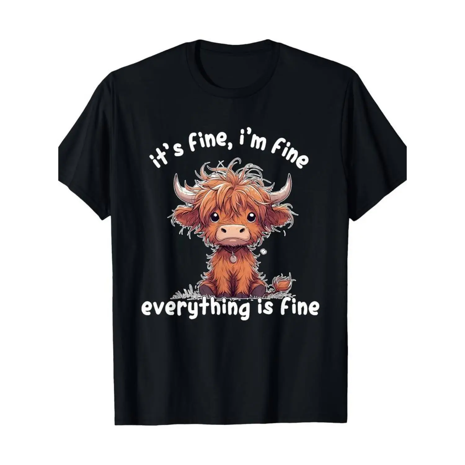 Cotton It's Fine I'm Fine Everything Is Fine Cute Highland Cow T-Shirt, 100% Cotton