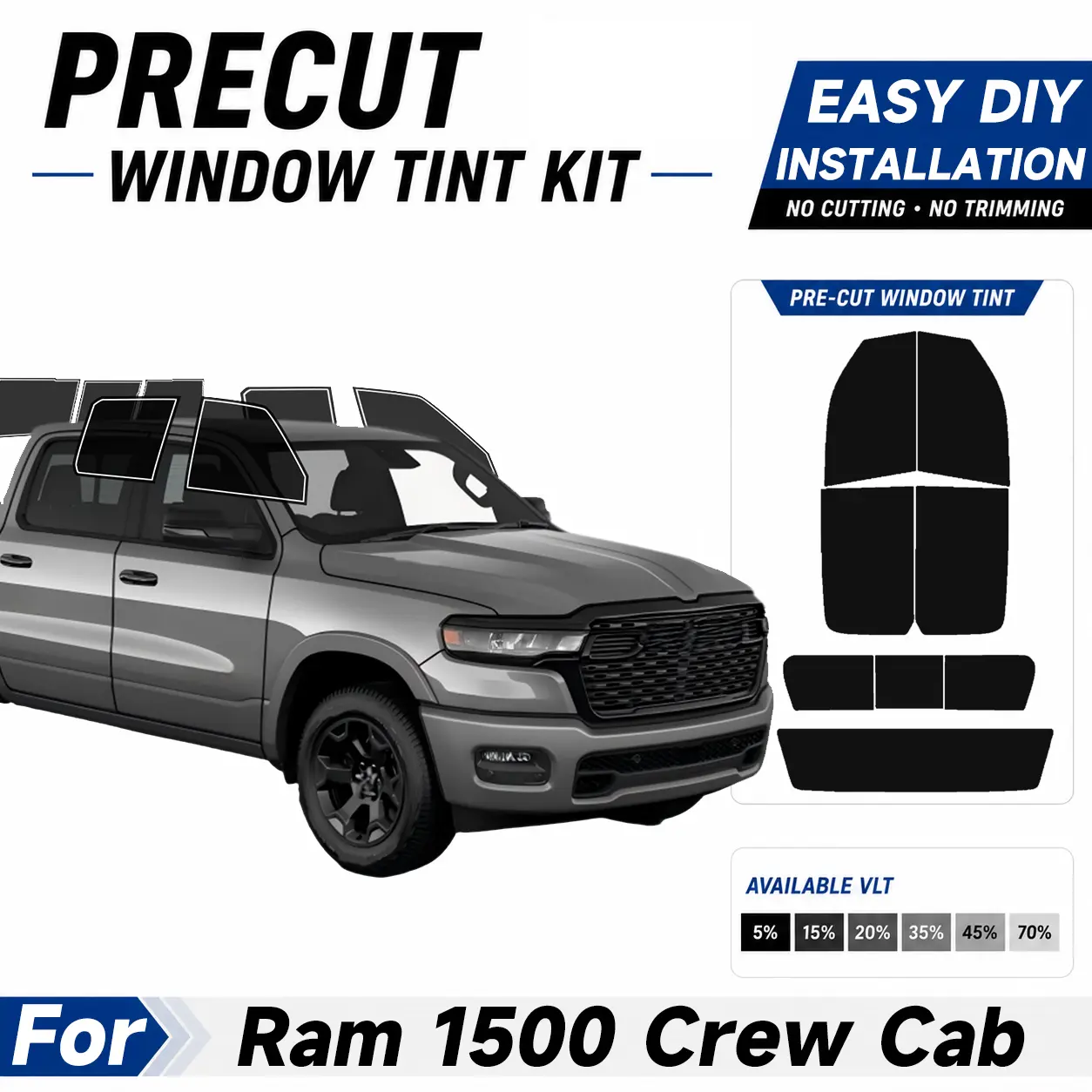 Automotive Custom Size Precut Window Tint - Easy to Apply DIY Installation Pre Cut Tint Kit, Sun protection UV Protection & Car For Ram 1500 Crew