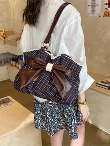 Vintage Polka Dot Bow Tote Bag Gentle & Elegant Large Capacity Handbag For Women Daily Commute Shopping Casual Shoulder Bag