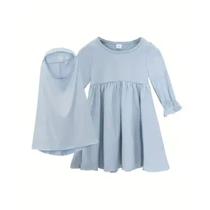 Baby's Elegant Solid Color Long Sleeve Dress & Headscarf, Infant & Toddler Girl's Dress For Ramadan