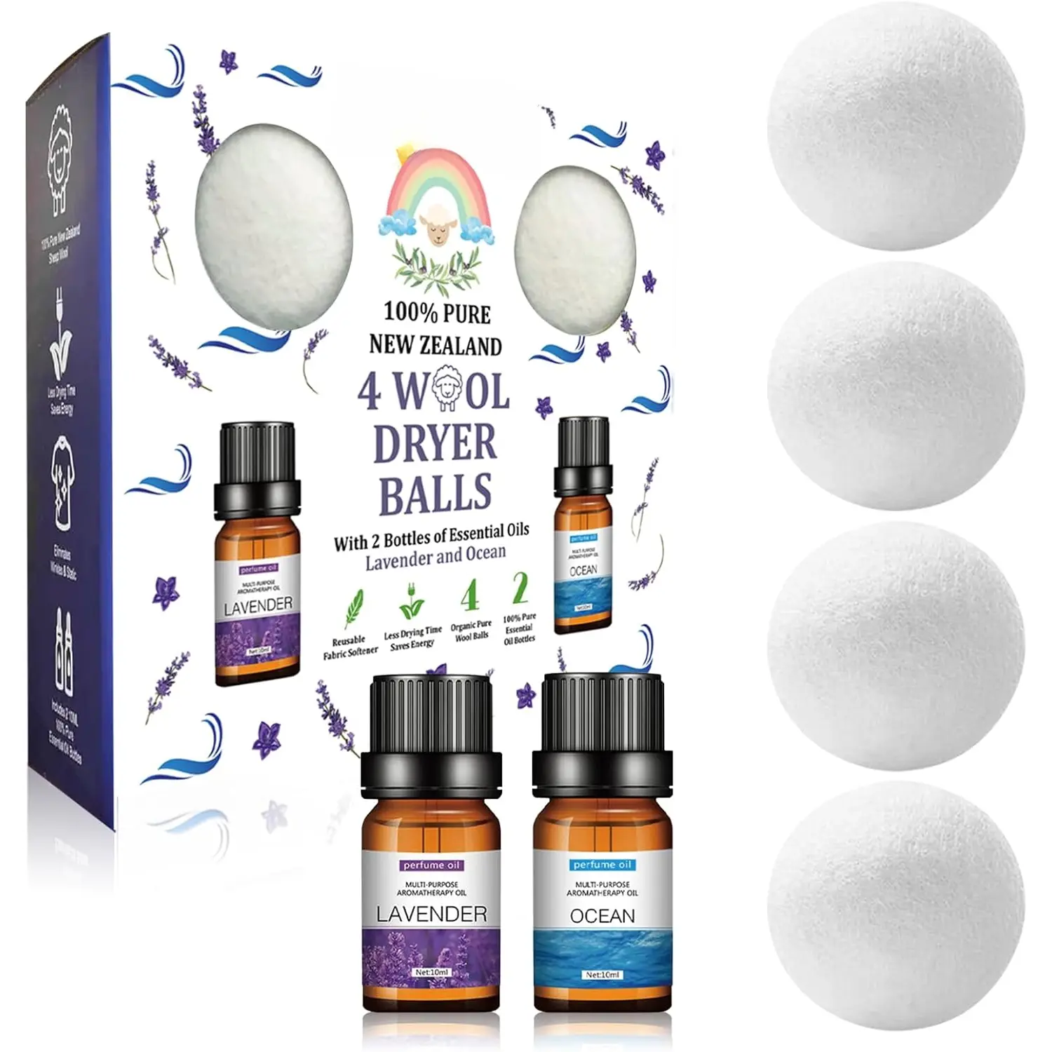Dryer Balls w/Essential Oils Bundle - , , Handmade &  XL Size | ,  Fabric Softener |  & Lavender Oil, White