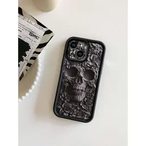 1pc Black Thick Anti-Fall Horror Skull Design Phone Case With Sand Grain Finish, Suitable For IPhone17/IPhone17 Air/IPhone17 Pro/IPhone17 Pro Max/16 Pro Max/15 Pro Max/14 Pro Max/13 Pro Max/12 Pro Max/11 Pro Max
