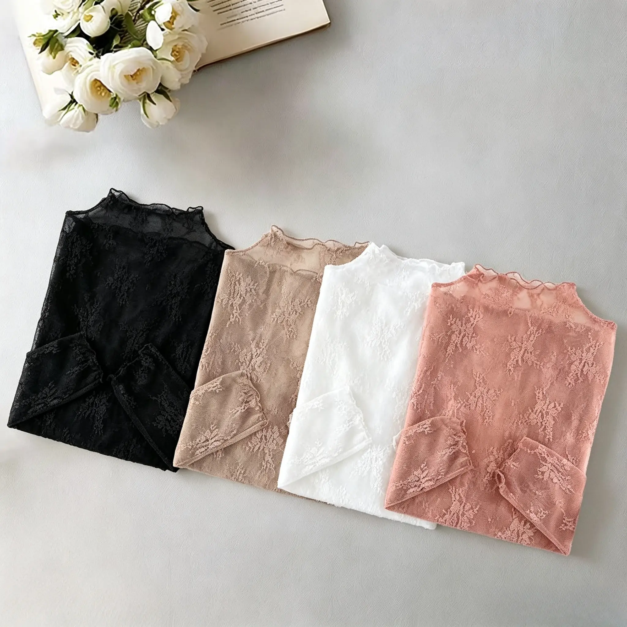 Women's Multi-Color Lace Top, Semi-Transparent High-Stretch Fabric  Soft Material Fits Comfortably Without Being, Long Sleeve Sun-proof Inner Shirt