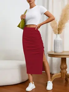 Spring Summer New Elastic Bodycon Skirt High Waist Pleated Side Slit Design, Office Commute/friend Trip Slimming Versatile Half Skirt