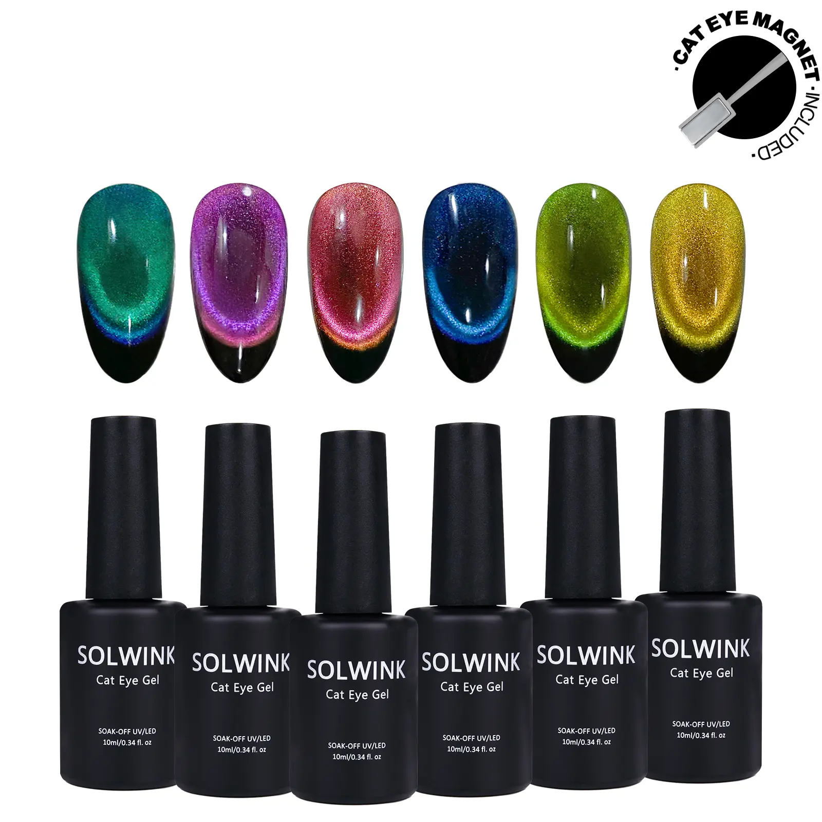SOLWINK HEMA&TPO-Free 6pcs/lot Dopamine Multiple-Color Cat Eye Gel Nail Polish, UV/LED Lamp Required, Safe for Natural Nails Extensions & Tips, Toes Manicure Cosmetic for Daily Use