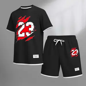 Men's 23 Basketball Print Drawstring Shorts Set For Spring/Summer. A Casual Summer Outfit, Including A Short-Sleeved Shirt And Shorts, Suitable For Everyday Wear And Sports. A Two-Piece Set For A Relaxed And Energetic Lifestyle.