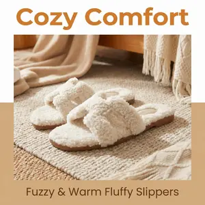 Women's Faux Shearling Buckle Platform Slippers Cozy House Shoes with Adjustable Buckle & Chunky Sole Beige Soft Fuzzy Material Trendy Crisscross Straps Cloud-Like Comfort Casual Flipflop Footwear sandals
