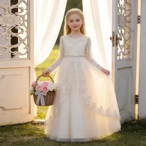 2301 Kids white long sleeve lace elegant girls princess dress light with sequins and lace details dance dress perfect for birthdays and formal occasions