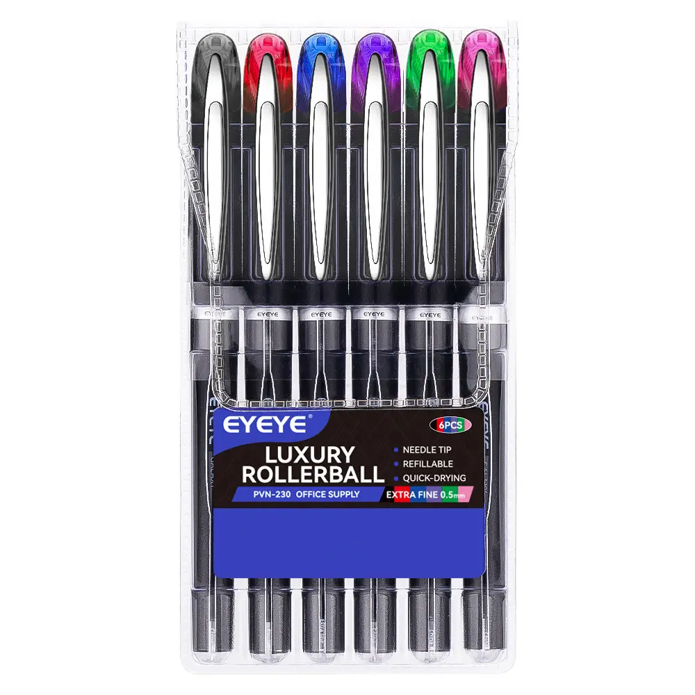 EYEYE PVN-230 Liquid Ink Rollerball Pen, 6 Pack 0.5mm  Fine Point  Quick Dry, Smooth Writing Pens for Office Supplies Journaling