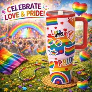 1 Pc 40oz Stainless Steel insulated mug, pride rainbow design, double wall vacuum insulation, keeps hot for 12 hours cold for 24 hours, leak proof lid, large capacity tumbler with handle, LGBTQ gift idea, pride month party cup, mother day holiday gift