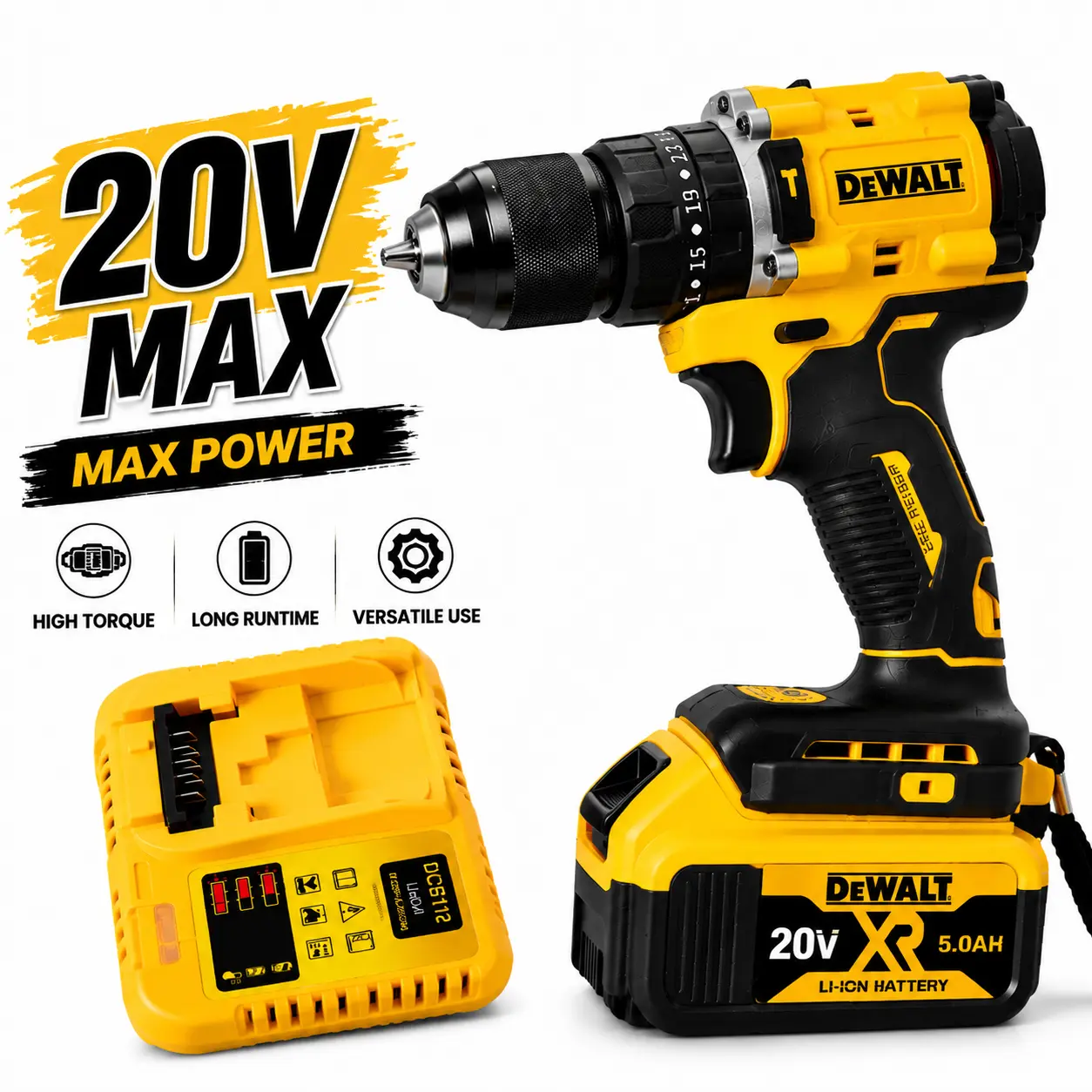 []DEWALT Yellow Cordless Drill Set, High Torque Drilling & Screw Driving, Durable Metal Gear + High Strength Plastic Housing, Powerful Performance Long Battery Life Lightweight Design, DIY Tools Home Repair Workshop Equipment