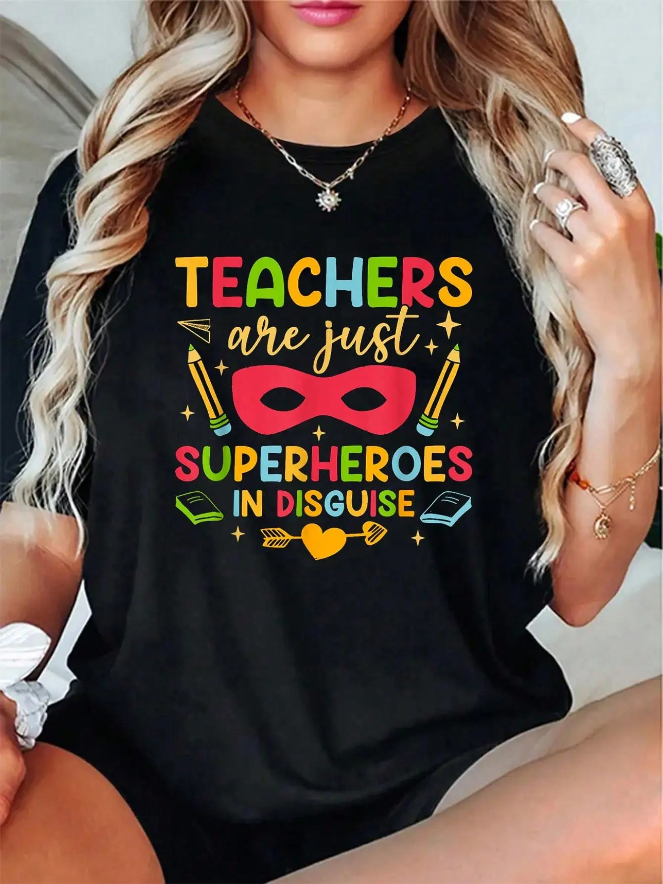 100% pure cotton Back To School Teachers Are Superheroes Funny Hand Drawn 2 T-Shirt printed t-shirts for women