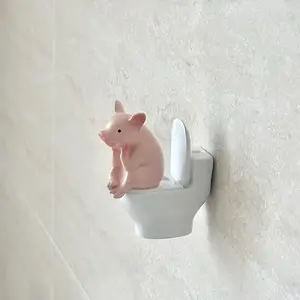 Cute Pig Sitting Toilet PVC Decoration, Bathroom Decor, Desktop or Wall Display, Home Office Desk and Living Room Ornament, Gift