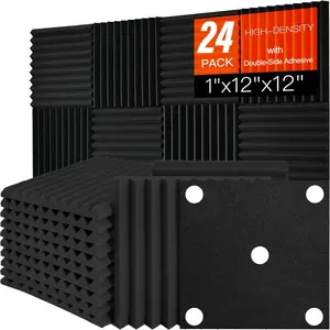 24 Pack Acoustic  Panels 1" x 12" x 12" Sound Proof  Panles  Soundproofing Noise Absorbing Wedge Black Panels for Wall Studio Foams with Double-Side Adhesive