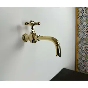 Handmade Brass Wall-Mounted Long Tap – Cross Handle
