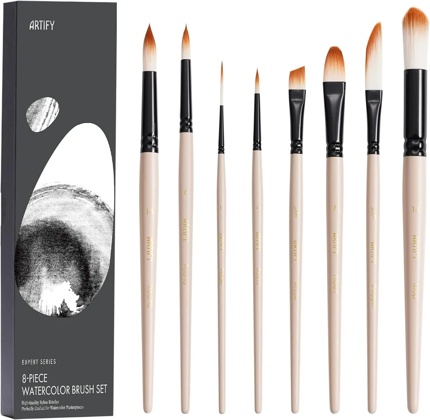ARTIFY 8-Pieces Professional Watercolor Brush Set with Case, Copper Ferrule & Nylon Bristles, Angle Paint Brush Supply Kits for Beginners & Pros (Watercolor, Gouache, Ink Use)