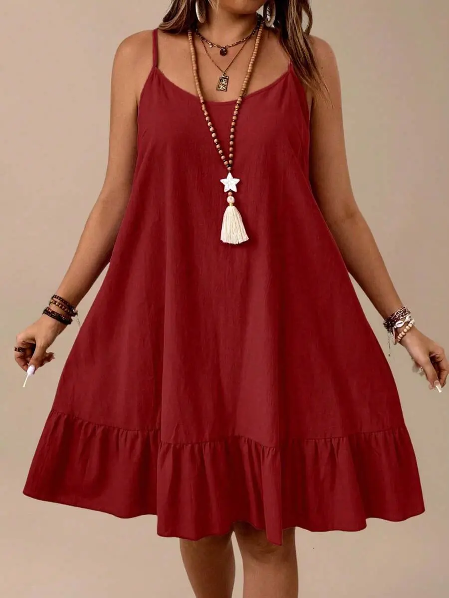 ONYX x Plus Size Women Solid Ruffles Hem Casual Sleeveless Dress