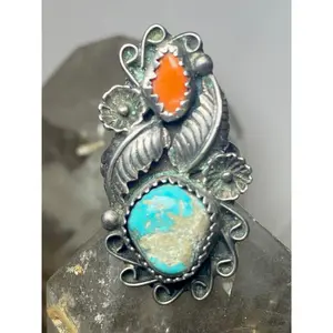 Coral ring turquoise size 6.50 Navajo  sterling silver women girls