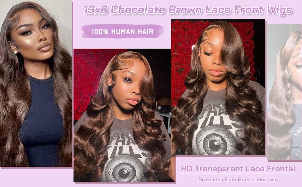 Mamushow 13x6 Chocolate Brown Lace Frontal Wigs Human Hair 200% Density Body Wave HD Transparent Lace Wigs Outdoorfun