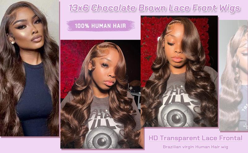 Mamushow 13x6 Chocolate Brown Lace Frontal Wigs Human Hair 200% Density Body Wave HD Transparent Lace Wigs Outdoorfun
