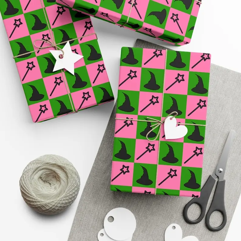 Wicked Inspired wrapping paper - Pink squares with Glinda's wand & Green squares with Elphaba's hat Gift Wrapping, Present Wrap For Fans