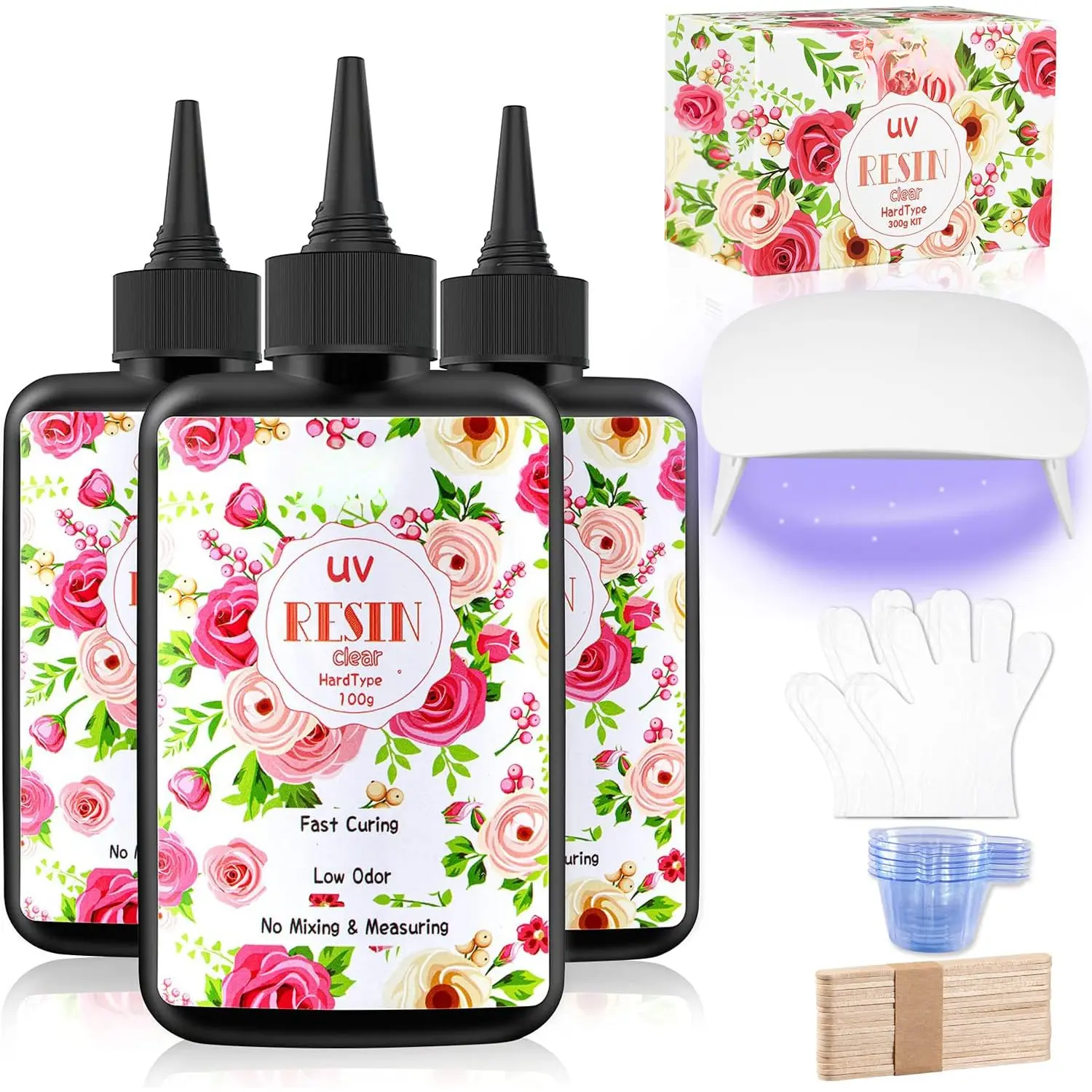 300g UV  Kit with Light-Upgraded  Clear Hard UV Curing Premixed Epoxy  Starter Supplies for Art Craft Beginner  Making with Lamp