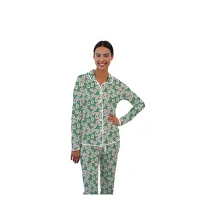 By The Edit Printed Button-Front Notch Collar Pajama Pant Set