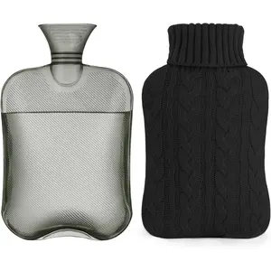 Hot Water Bottle with Knitted Cover, 2L Hot Water Bag for Hot and Cold Compress, Hand Feet Warmer, Ideal for Menstrual Cramps, Neck and Shoulder Pain Relief,Black