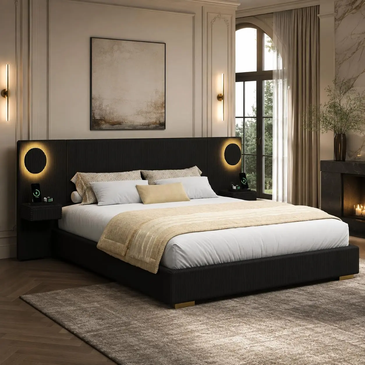 Black Luxury King Size Upholstered Bed Frame with Floating Nightstands Set, Solid Wood King Platform Bed with Wide Headboard, LED Circle Lights and USB Charging Ports, Wooden Bedframe, No Box Spring Needed
