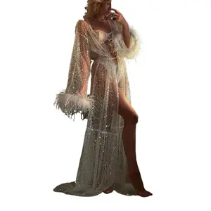 Women's Sequins Nightdress Feather Patchwork Long Sleeve Tulle Night Dress Kimono Robe Sleepwear Plush Cuff  Bikini Cover up