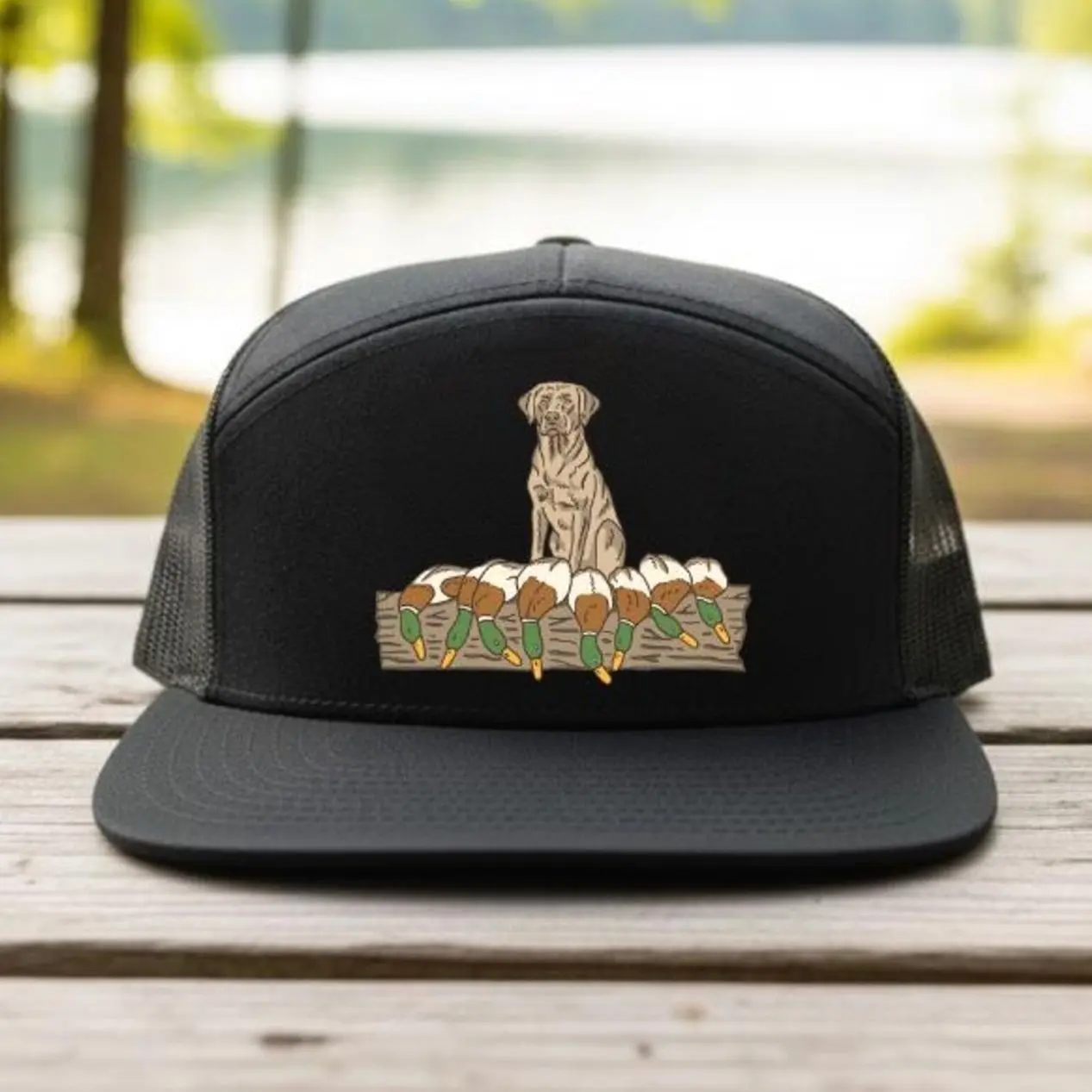 Duck Hunting Labrador Hat Black Mallard Waterfowl Graphic 7-Panel Trucker Cap, Outdoor Hunting Dog Flat Bill Snapback, Gift for Hunter Dad Husband Men