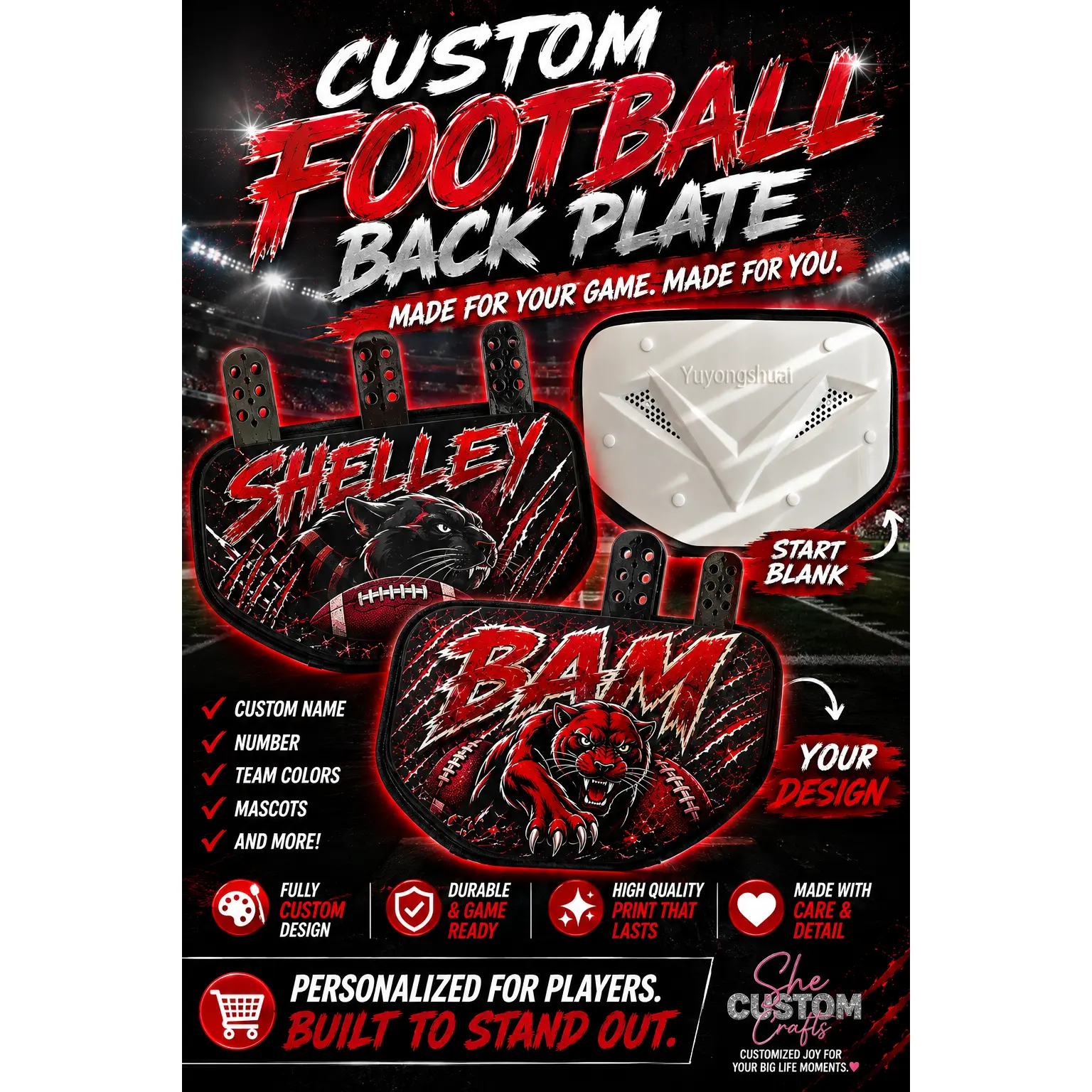Custom Football Back Plate | Personalized Player Name, Number & Team Colors
