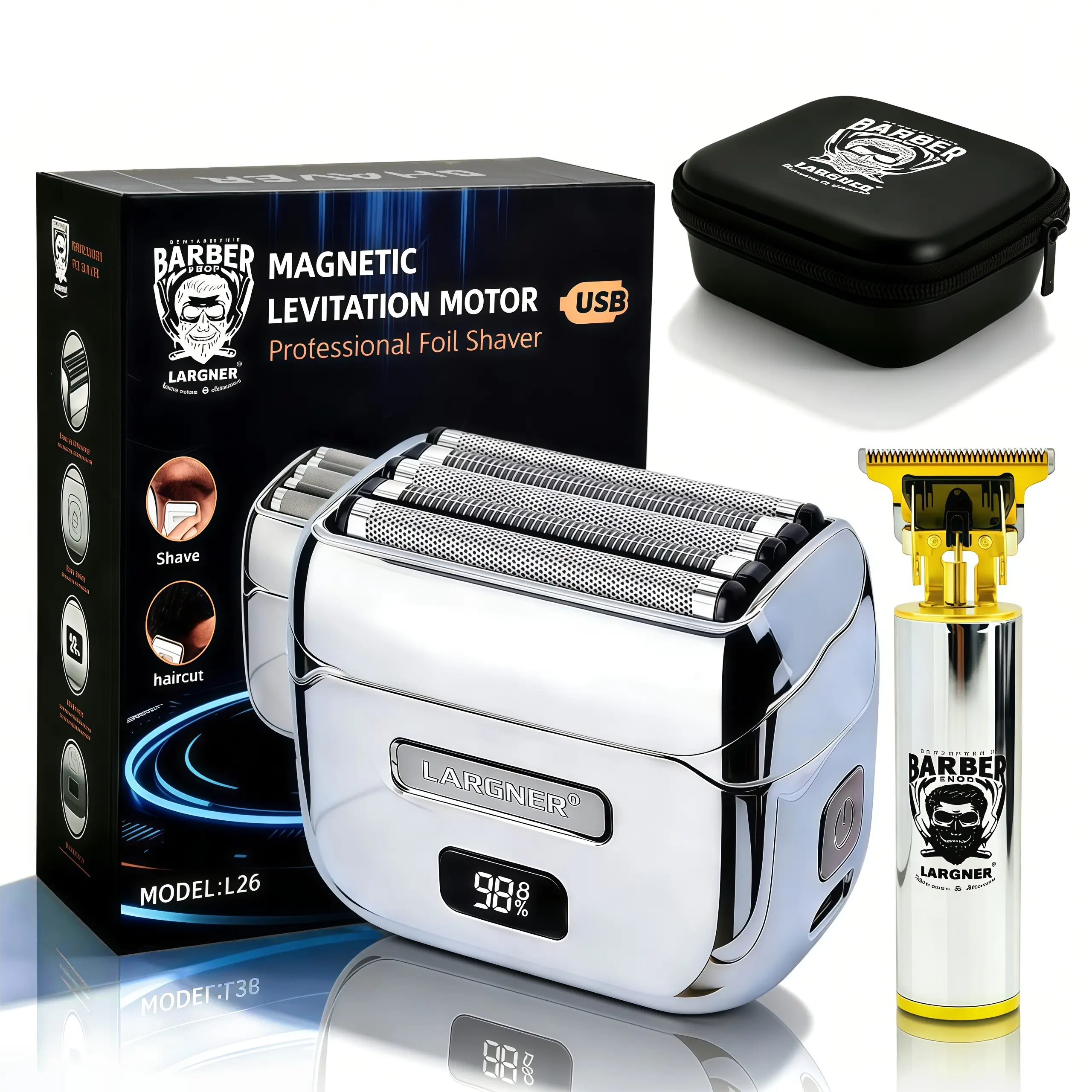 LARGNER Professional Foil Shaver & T-Blade Hair Trimmer Kit, Magnetic Levitation Motor Electric Razor for Men Barber Shop, USB Rechargeable Beard Shaver Hair Cutting Machine with Storage Travel Case