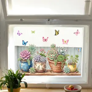 1Pc (30*60cm) Fresh Succulent Potted Static Window Cling, Watercolor Green Plant Butterfly Glass Sticker for Kitchen Balcony Window Decor