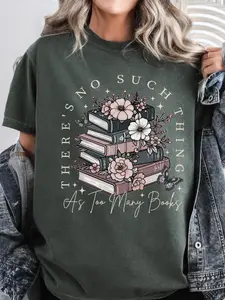 Women's Floral & Book Graphic Print Round Neck Fitted Tee, Trendy Casual Crew Neck Short Sleeve T-shirt for Daily Wear, Ladies Summer, Top