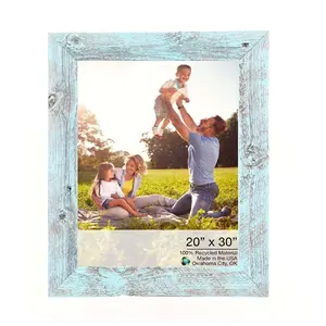 360 Stand Handmade Reclaimed Wood Rectangle Photo Frame, 20x30in Rustic Farmhouse Light Aqua Blue Home Decor Accessory, Tabletop Rectangle Frame