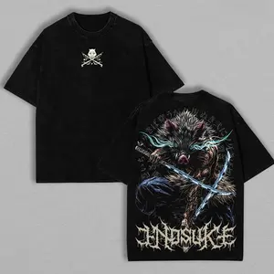 Inosuke Hashibira vintage style unisex loose fit anime and manga acid-washed T-shirt, Demon Slayer unisex T-shirt, printed short sleeve, anime merchandise for fans, versatile summer wear