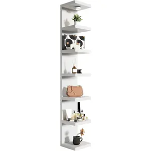 White 7-Tier Vertical Wall Shelf Unit with USB Rechargeable Led Light (Remote Controlled),Versatile Floating Display Shelves,Lack Style Wall Shelves for Bedroom,Living Room,Office Decor,