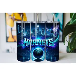 Electric Neon Basketball Tumbler 20oz 30oz – Blue Energy Swarm Insect Glow City Night Skinny Insulated Stainless Steel Cup with Lid, Futuristic Sports Gift