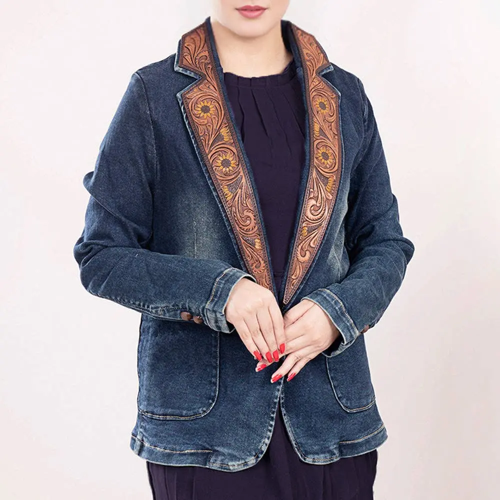 Western Denim Blazer with Sunflower Tooled Leather Lapels